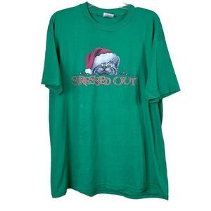 Vintage Jerzees Stressed Out Cat Santa Green Christmas T-Shirt Size XL Unisex